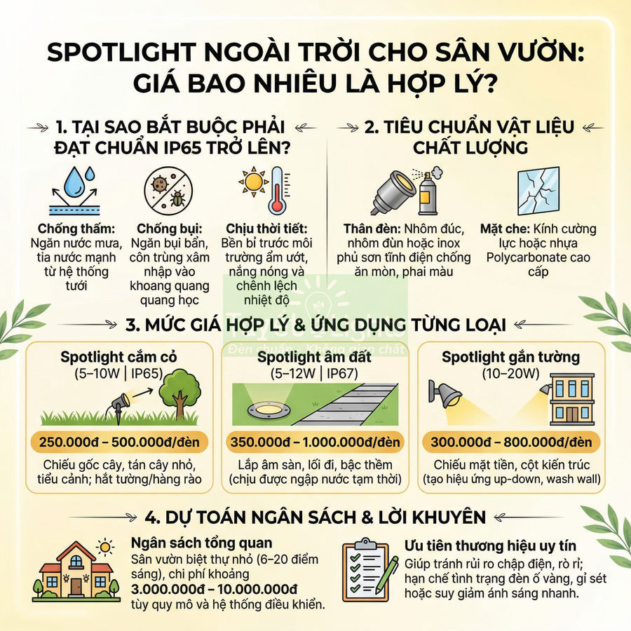 Infographic hướng dẫn chọn spotlight ngoài trời cho sân vườn, nêu tiêu chuẩn IP65, vật liệu, giá và ứng dụng từng loại