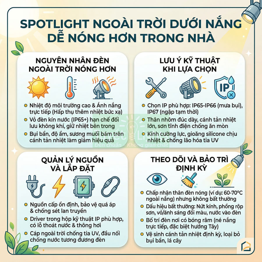 Infographic hướng dẫn chọn và lắp đặt đèn spotlight ngoài trời chịu nắng nóng, quản lý nguồn và bảo trì định kỳ