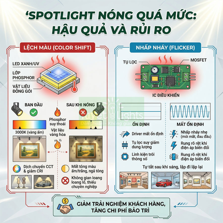 Infographic về hậu quả spotlight LED quá nóng gây lệch màu, nhấp nháy và giảm trải nghiệm chiếu sáng