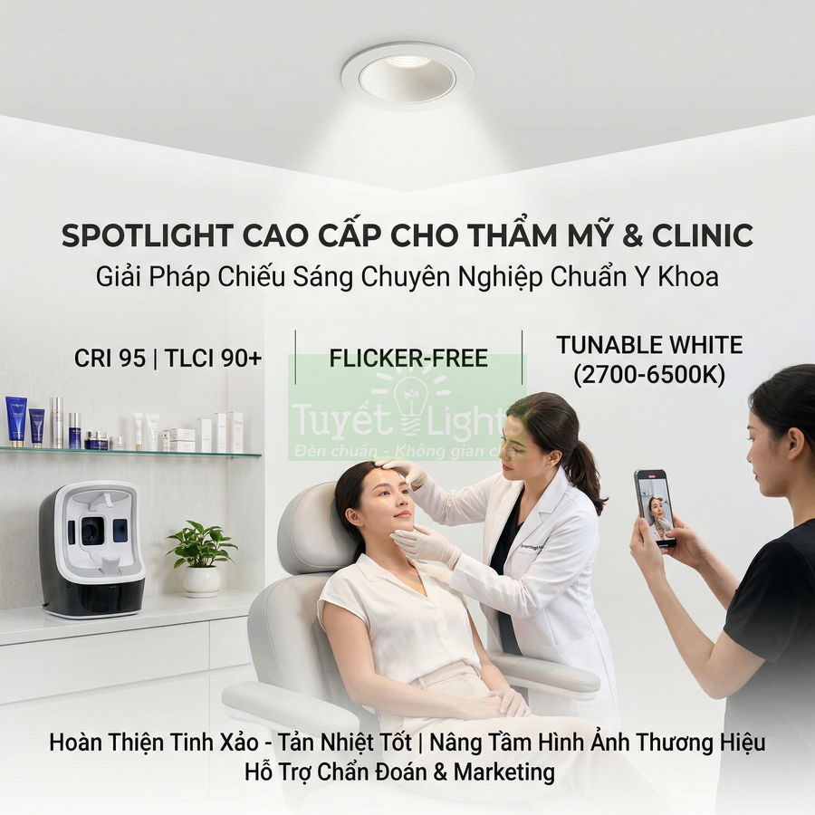 Đèn spotlight cao cấp Tuyết Light chiếu sáng phòng khám thẩm mỹ, bác sĩ chăm sóc da mặt cho khách hàng