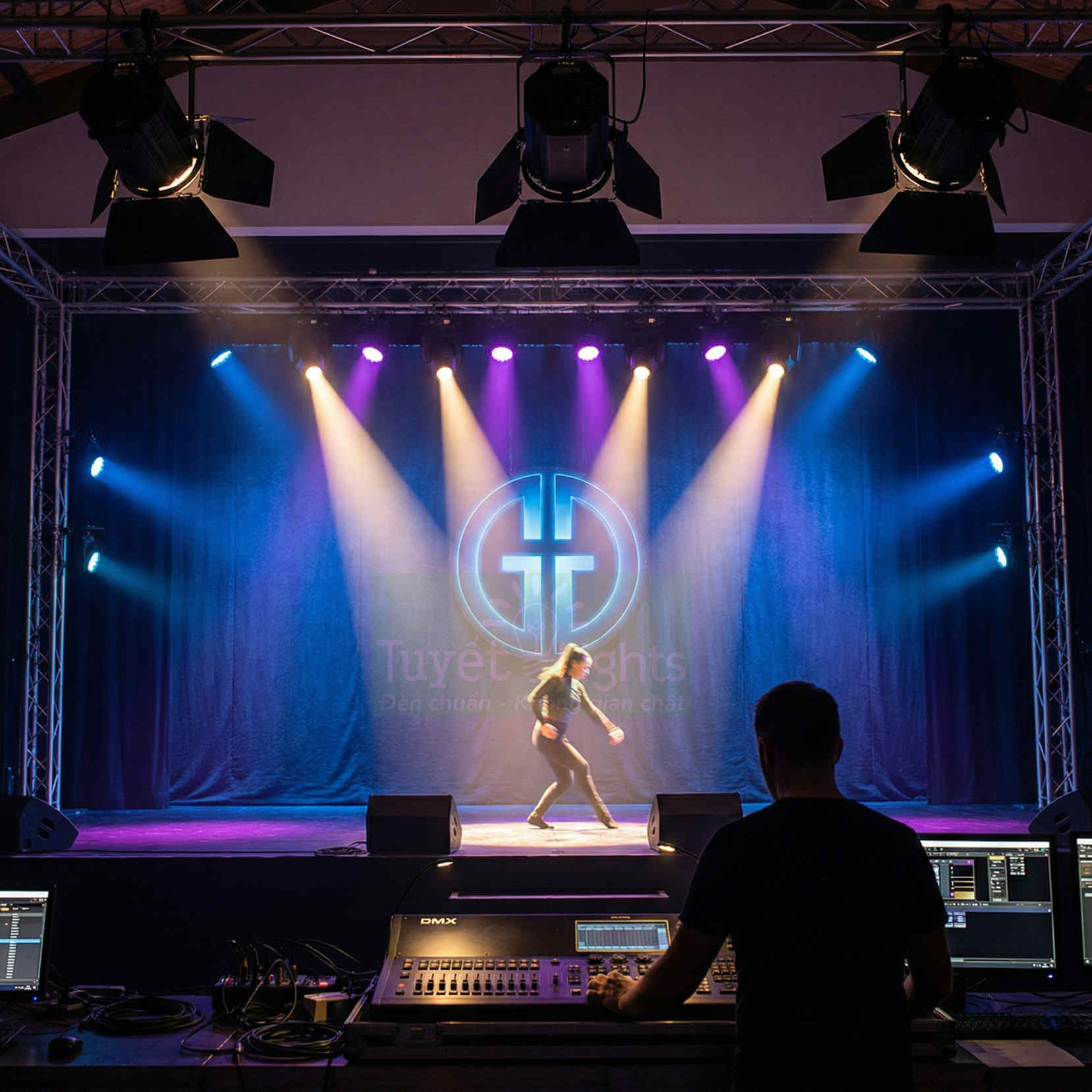Hệ thống đèn sân khấu Tuyet Lights chiếu sáng người biểu diễn, kỹ thuật viên điều khiển bàn DMX phía sau
