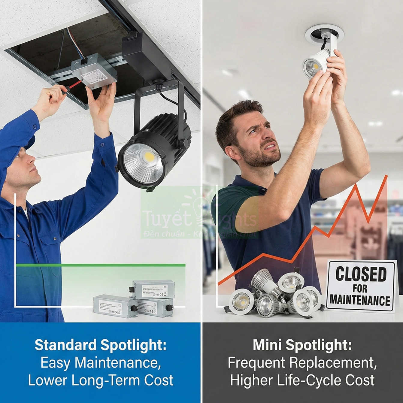 So sánh đèn rọi ray tiêu chuẩn dễ bảo trì với đèn rọi mini phải thay thế thường xuyên, chi phí cao