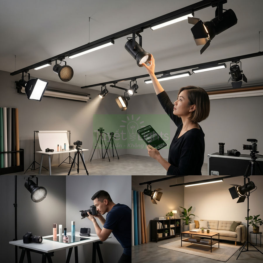 Hệ thống đèn chiếu sáng studio chụp sản phẩm mỹ phẩm và nội thất chuyên nghiệp