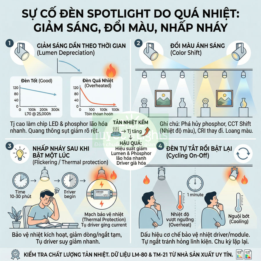 Infographic mô tả sự cố đèn spotlight LED quá nhiệt gây giảm sáng, đổi màu, nhấp nháy và tự tắt bật