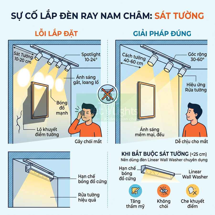 Hướng dẫn lắp đặt đèn ray nam châm và đèn Linear Wall Washer để rửa tường, tránh chói mắt và bóng đổ