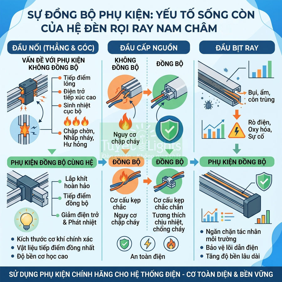 Infographic phụ kiện đồng bộ cho hệ đèn rọi ray nam châm, so sánh an toàn điện và độ bền khi dùng phụ kiện chính hãng