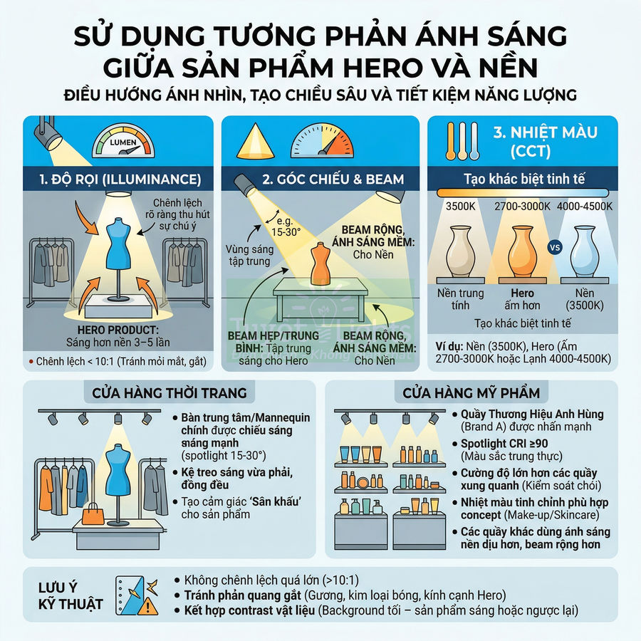 Infographic hướng dẫn sử dụng ánh sáng tương phản để làm nổi bật sản phẩm hero trong cửa hàng thời trang và mỹ phẩm