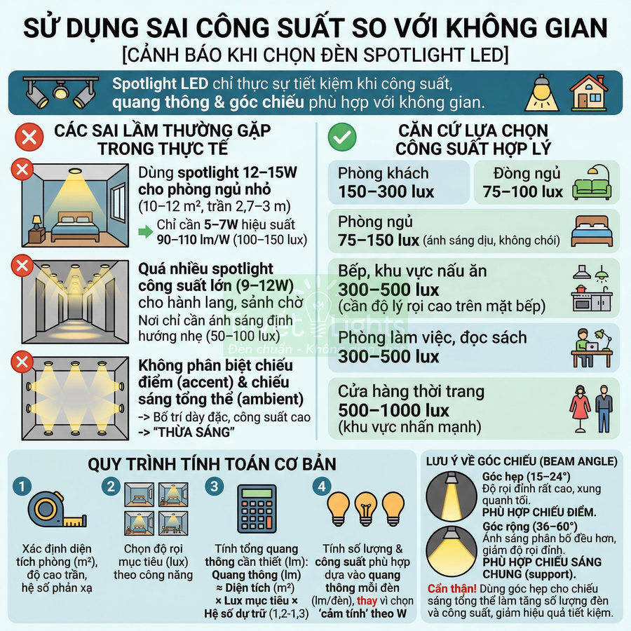 Hướng dẫn chọn công suất đèn spotlight LED phù hợp từng không gian và tránh các lỗi chiếu sáng thường gặp