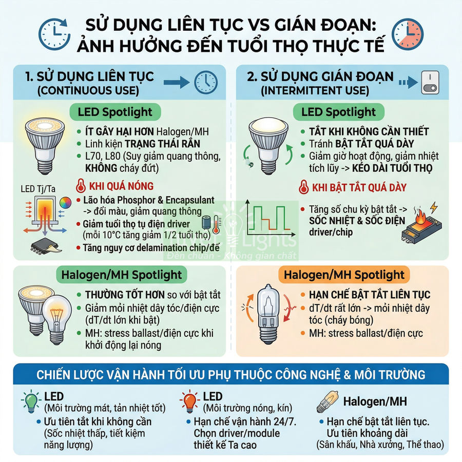Infographic so sánh tuổi thọ đèn LED spotlight và đèn halogen khi sử dụng liên tục và gián đoạn