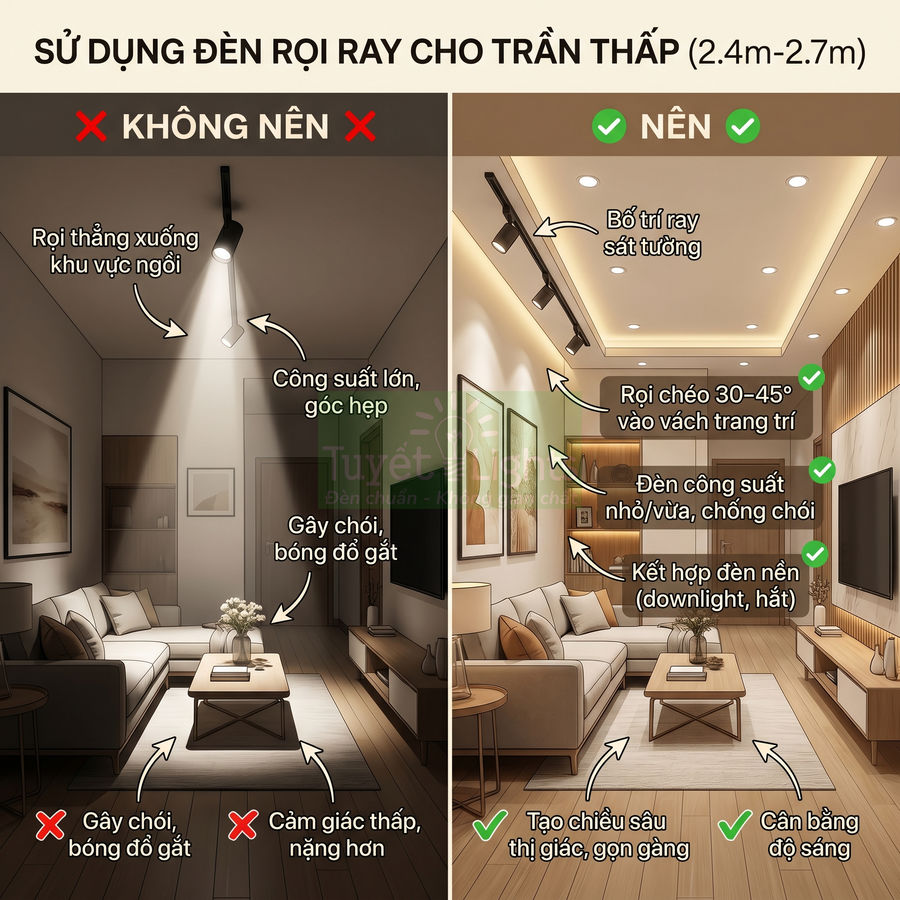 Đèn rọi ray có dùng được cho trần thấp không?