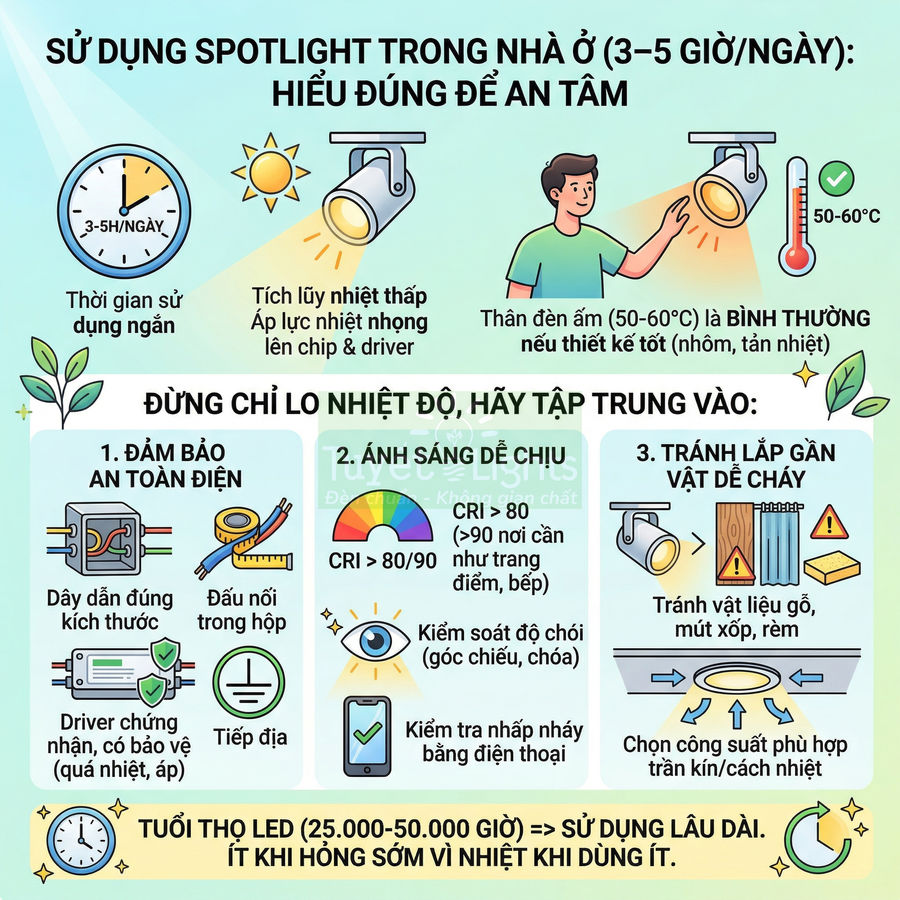 Infographic hướng dẫn sử dụng đèn spotlight LED trong nhà an toàn, tập trung nhiệt độ, an toàn điện và tránh vật dễ cháy