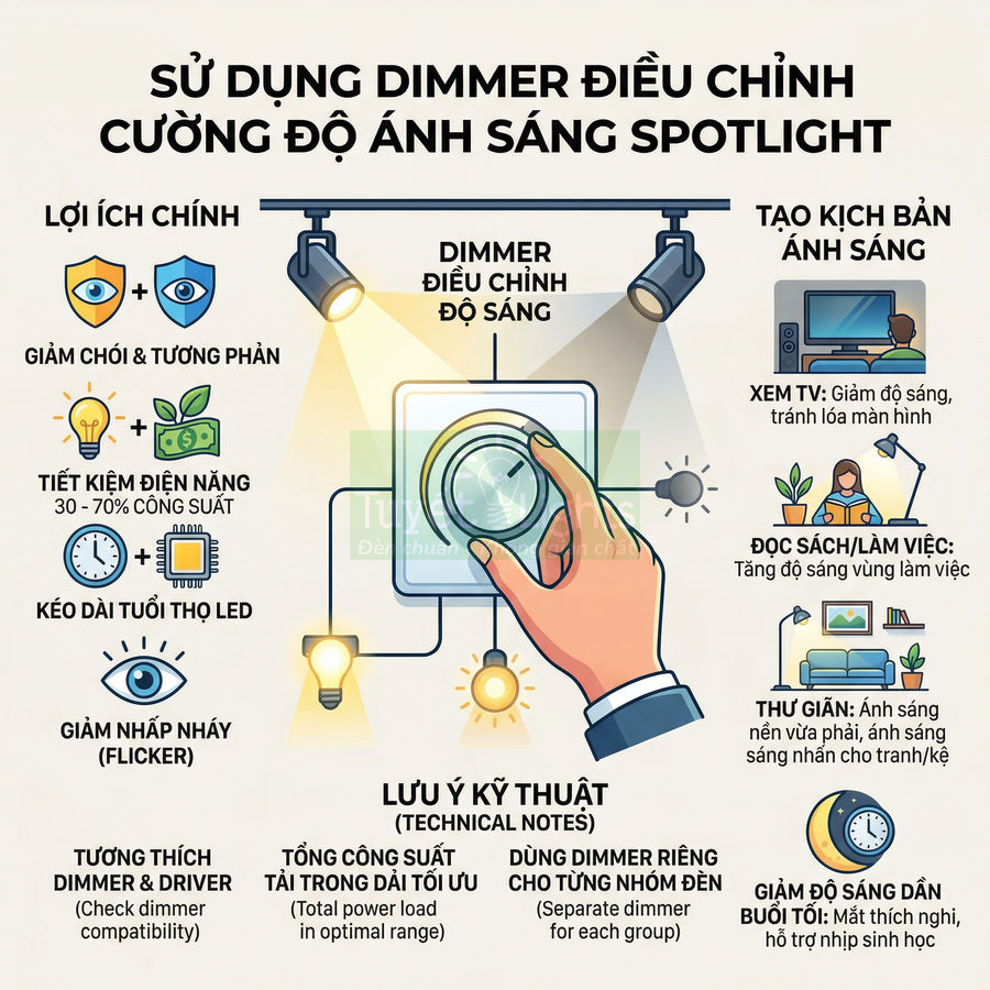 Dimmer điều chỉnh độ sáng đèn spotlight, lợi ích tiết kiệm điện, giảm chói và tạo nhiều kịch bản chiếu sáng