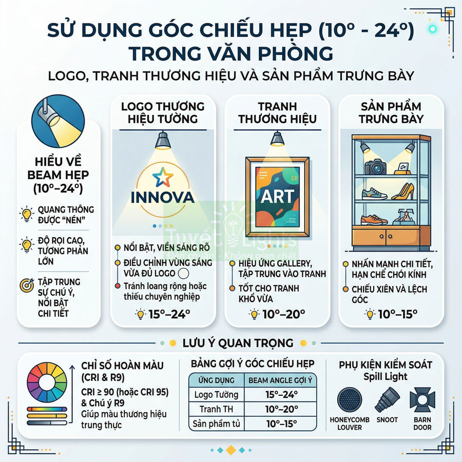 Infographic hướng dẫn sử dụng góc chiếu hẹp 10–24 độ cho logo thương hiệu, tranh treo tường và sản phẩm trưng bày trong văn phòng