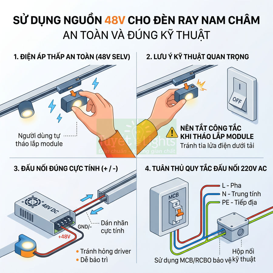Hướng dẫn lắp đặt và đấu nối nguồn 48V an toàn cho hệ thống đèn ray nam châm trong nhà
