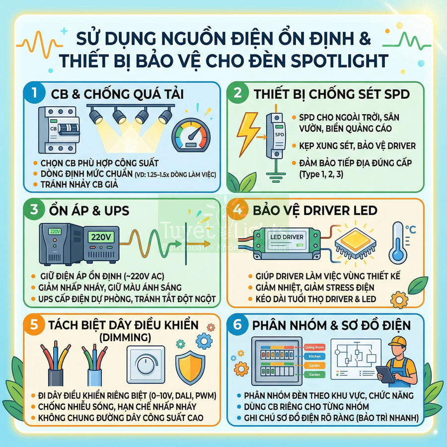 Hướng dẫn sử dụng nguồn điện ổn định và thiết bị bảo vệ cho đèn spotlight LED, driver, CB, UPS, dây điều khiển