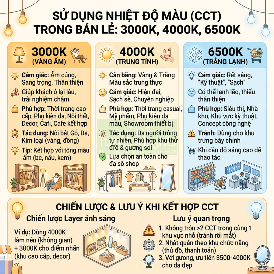 Hướng dẫn sử dụng nhiệt độ màu 3000K 4000K 6500K trong chiếu sáng cửa hàng bán lẻ