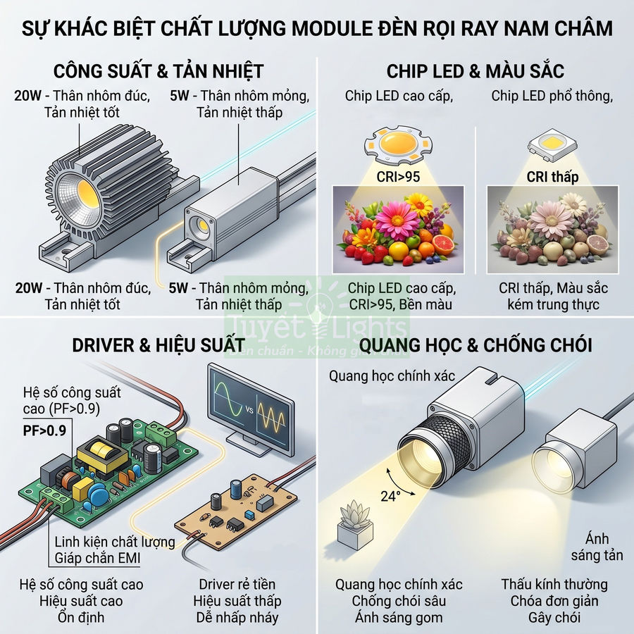 So sánh chất lượng module đèn rọi ray nam châm Tuyết Lights về công suất, chip LED, driver và quang học chống chói