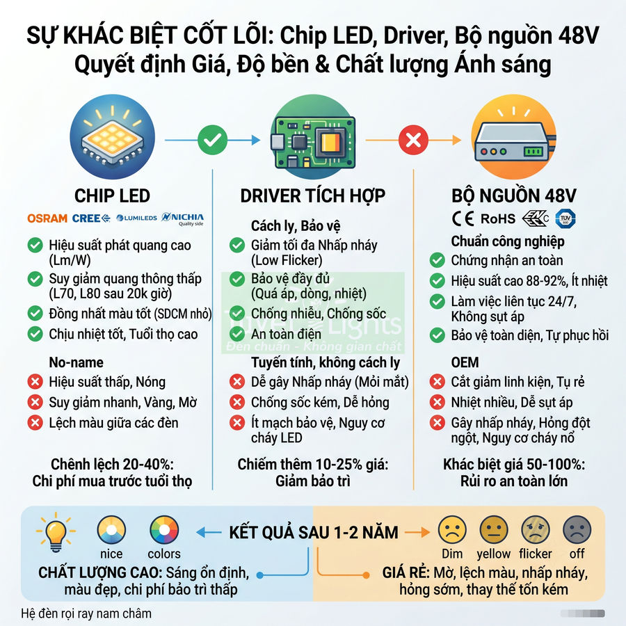 Infographic so sánh chip LED, driver tích hợp và bộ nguồn 48V về hiệu suất, độ bền và chất lượng ánh sáng