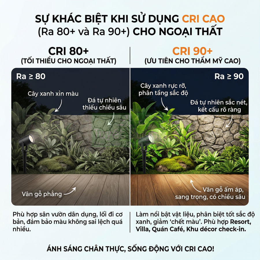 So sánh ánh sáng đèn chiếu sân vườn CRI 80 và CRI 90, làm rõ màu cây xanh, đá tự nhiên và ván gỗ ngoài trời