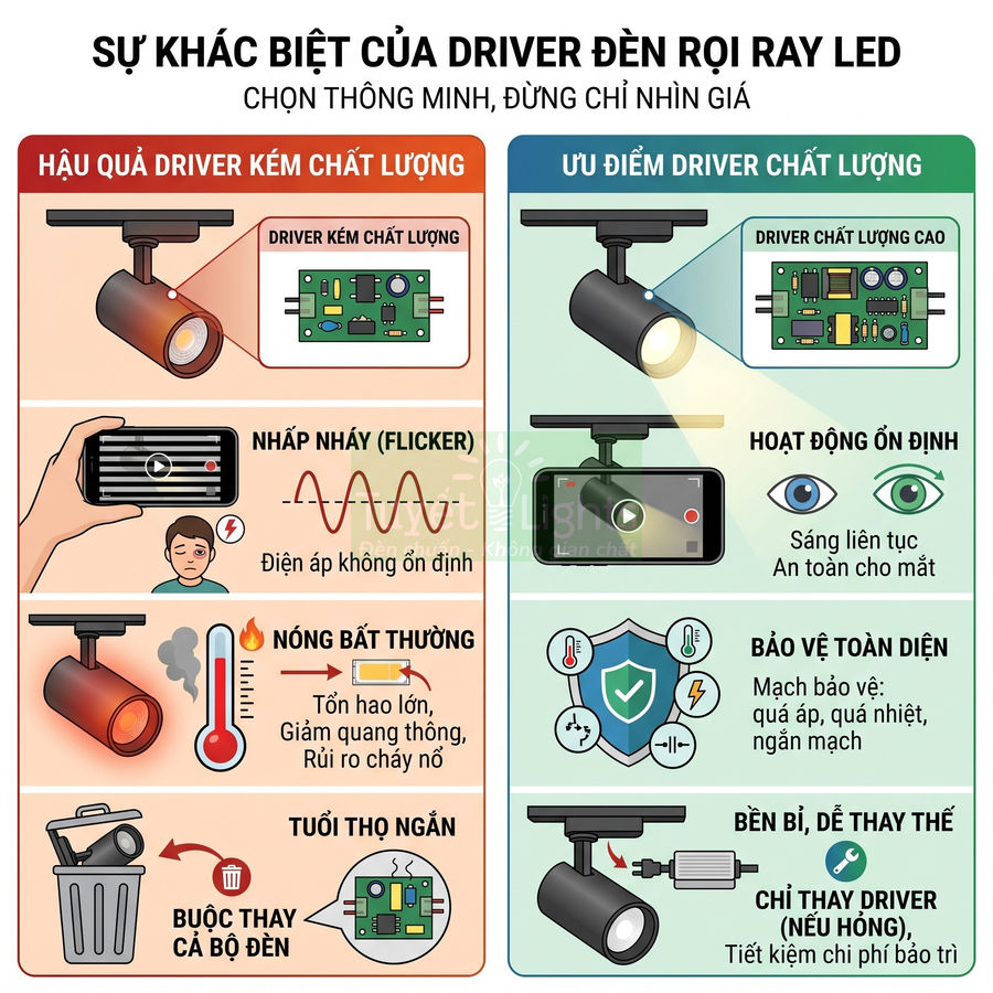 So sánh driver đèn rọi ray LED kém chất lượng và driver chất lượng cao, nêu rõ ưu nhược điểm từng loại