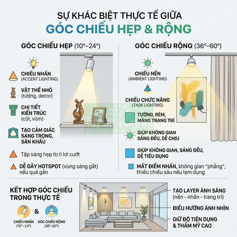 Infographic so sánh góc chiếu hẹp và góc chiếu rộng của đèn LED trong trang trí nội thất phòng khách