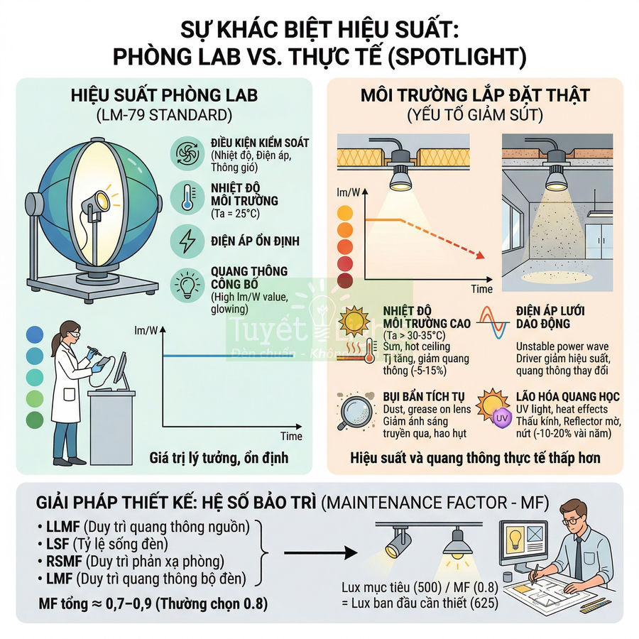 Infographic so sánh hiệu suất đèn spotlight trong phòng lab và môi trường lắp đặt thực tế, kèm các yếu tố suy giảm ánh sáng