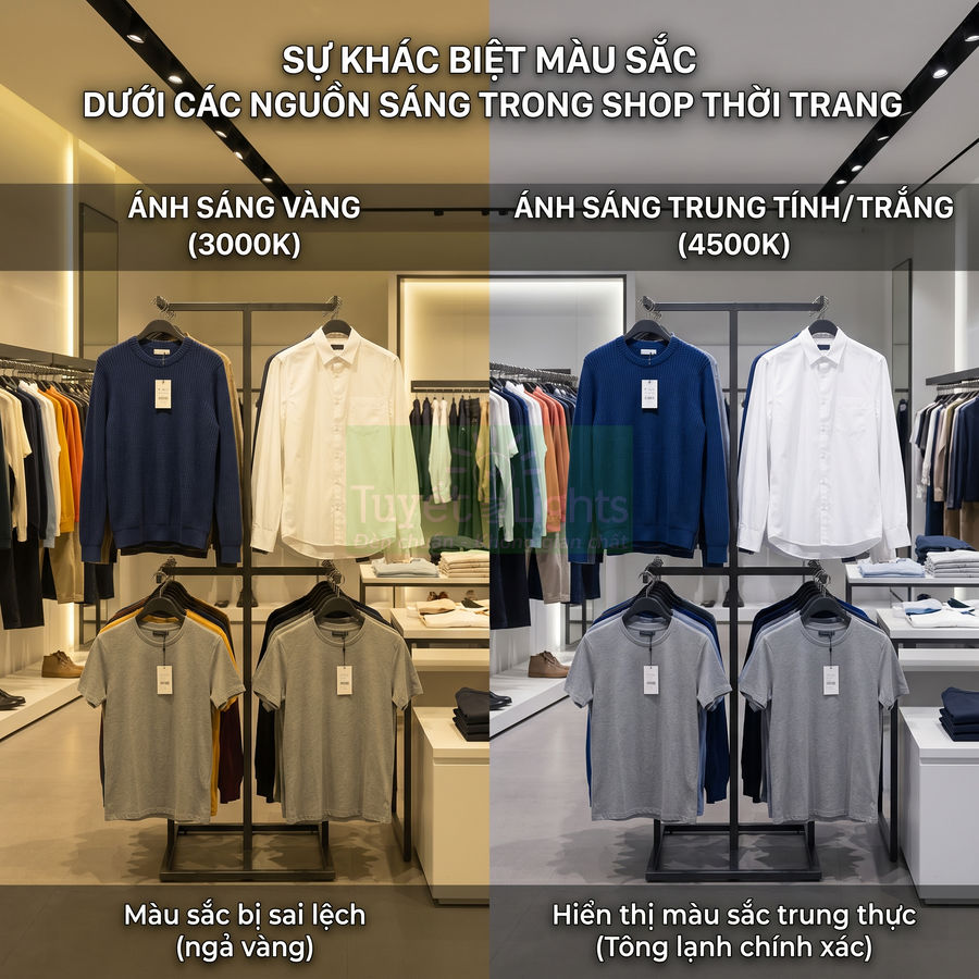 So sánh quần áo trong shop thời trang dưới ánh sáng vàng 3000K và ánh sáng trắng trung tính 4500K