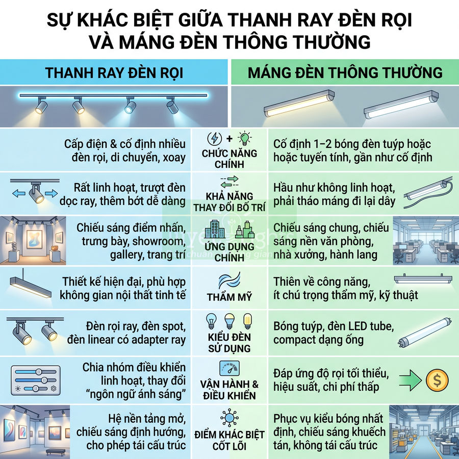 Bảng so sánh thanh ray đèn rọi và máng đèn tuýp truyền thống về chức năng, ứng dụng và thẩm mỹ chiếu sáng