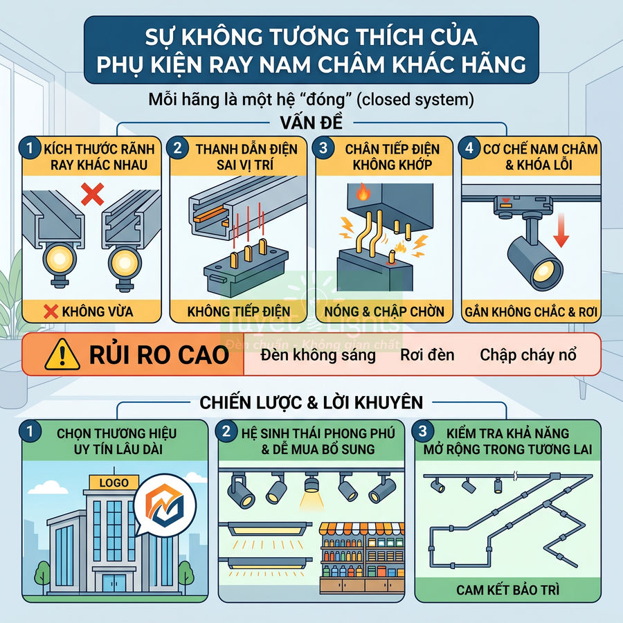 Infographic cảnh báo rủi ro khi dùng phụ kiện ray nam châm khác hãng và khuyến nghị chọn hệ ray đồng bộ