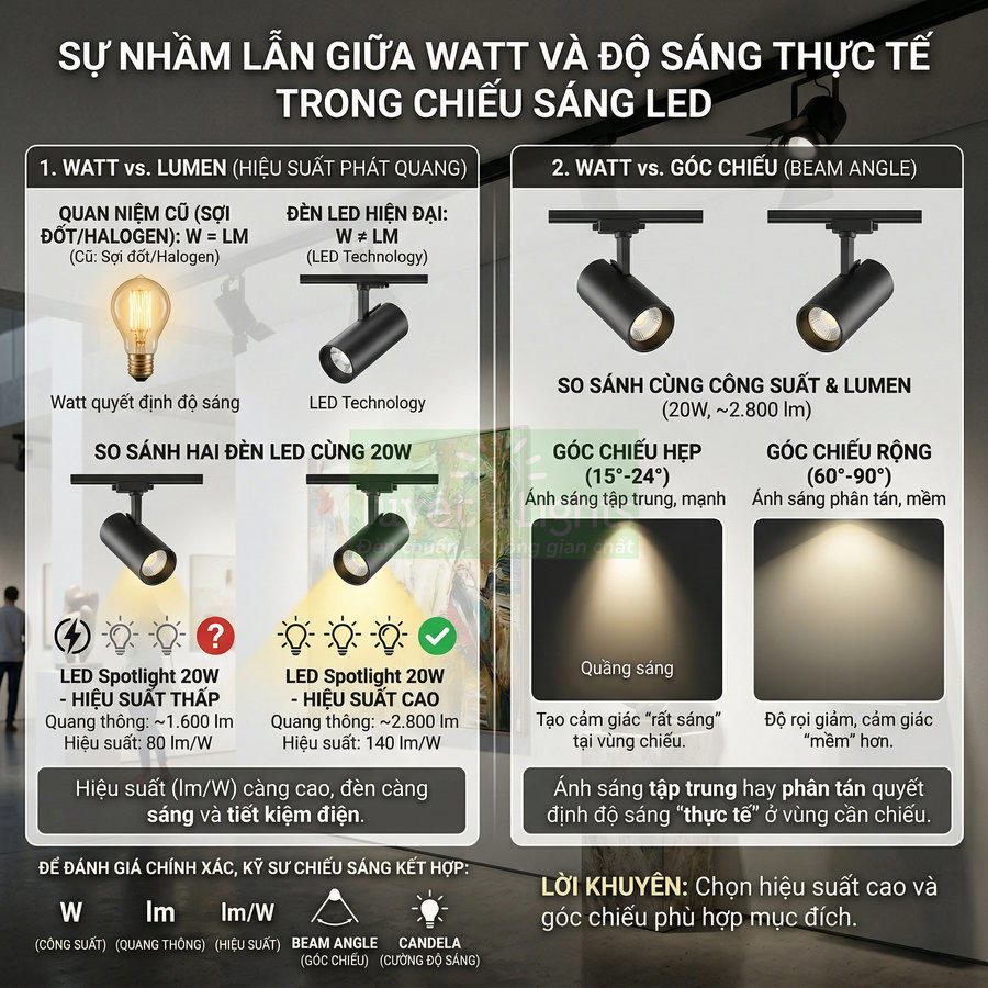 Infographic so sánh đèn LED spotlight 20W theo hiệu suất lumen và góc chiếu trong chiếu sáng nội thất