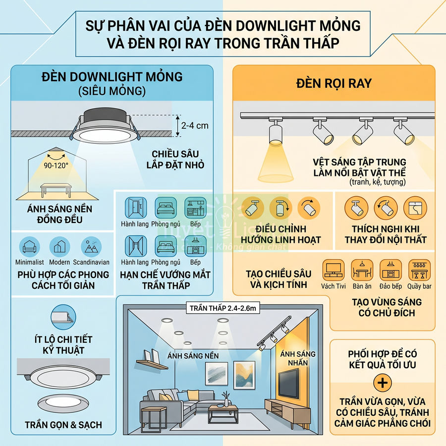 So sánh ưu điểm đèn downlight mỏng và đèn rọi ray cho trần thấp trong thiết kế nội thất