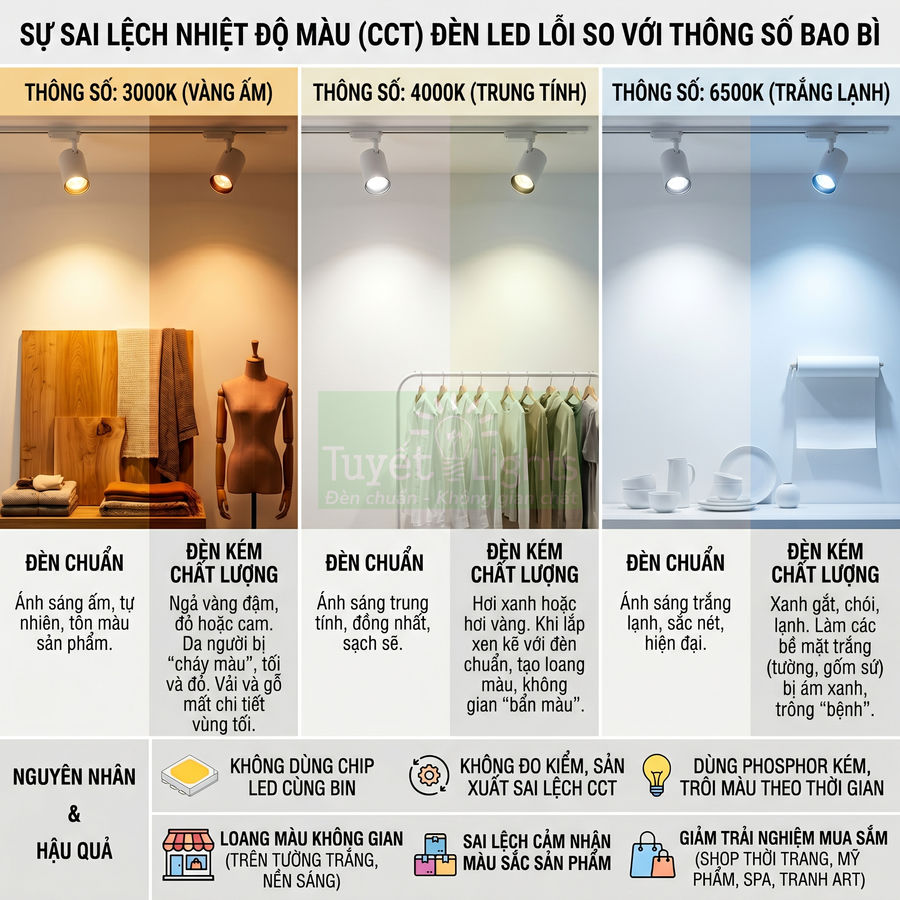So sánh ánh sáng đèn LED chuẩn và đèn kém chất lượng ở các nhiệt độ màu 3000K 4000K 6500K trong trưng bày sản phẩm