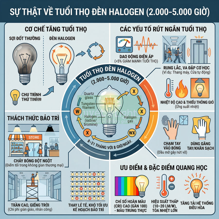 Infographic về tuổi thọ, cơ chế hoạt động, ưu điểm và yếu tố ảnh hưởng đến đèn halogen
