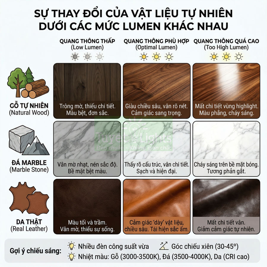 Bảng so sánh gỗ tự nhiên, đá marble và da thật dưới các mức quang thông khác nhau để chọn ánh sáng phù hợp