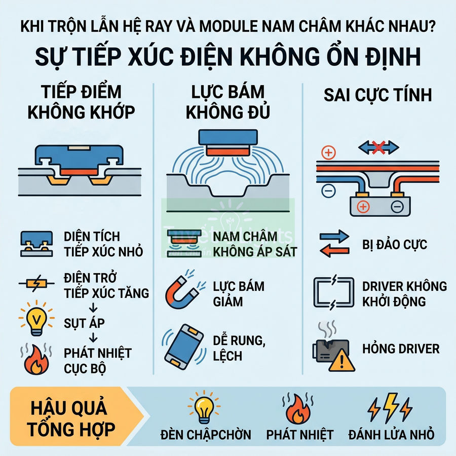 Infographic cảnh báo trộn lẫn ray và module nam châm đèn LED gây tiếp xúc điện kém, lực bám yếu, sai cực tính và hỏng driver