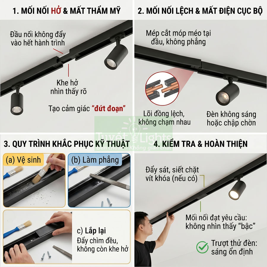Hướng dẫn xử lý mối nối ray đèn rọi nam châm âm trần để đèn sáng ổn định và thẩm mỹ