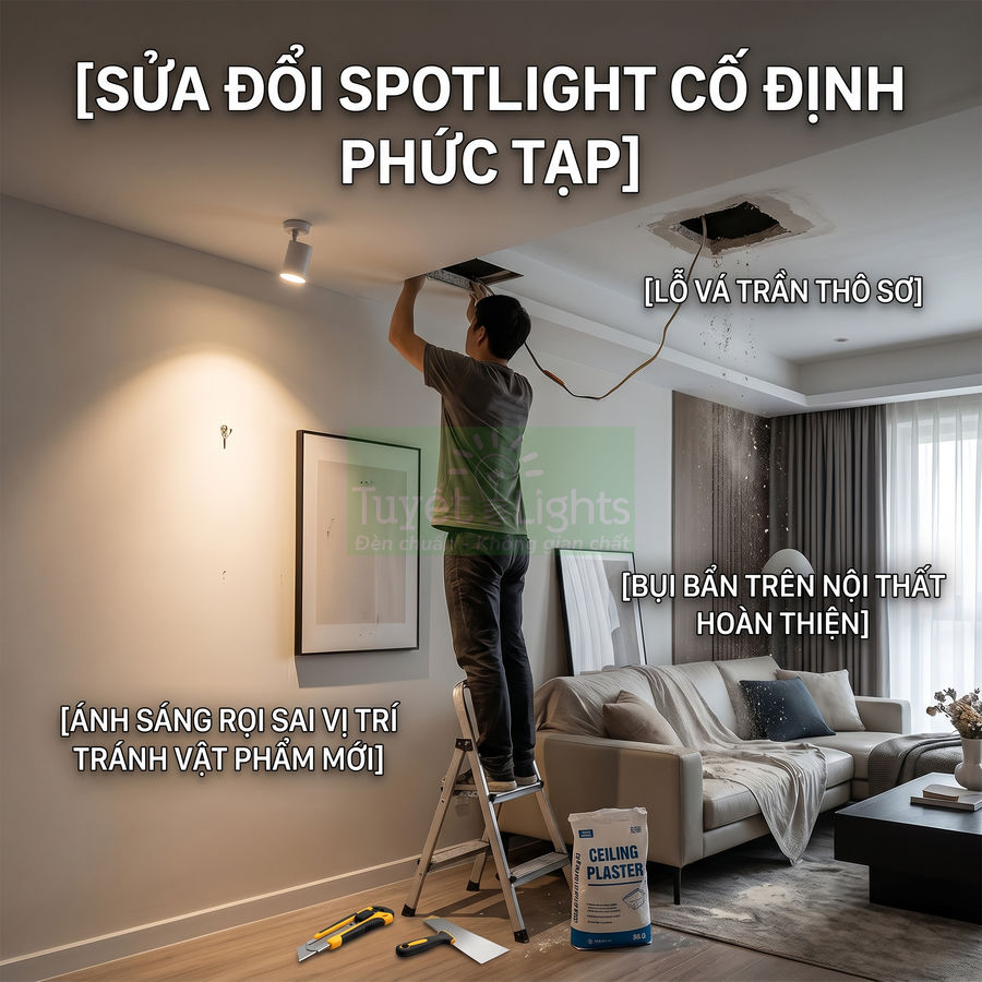 Thợ đang sửa đèn spotlight âm trần trong phòng khách, trần nhà bị khoét lỗ và bụi rơi xuống nội thất