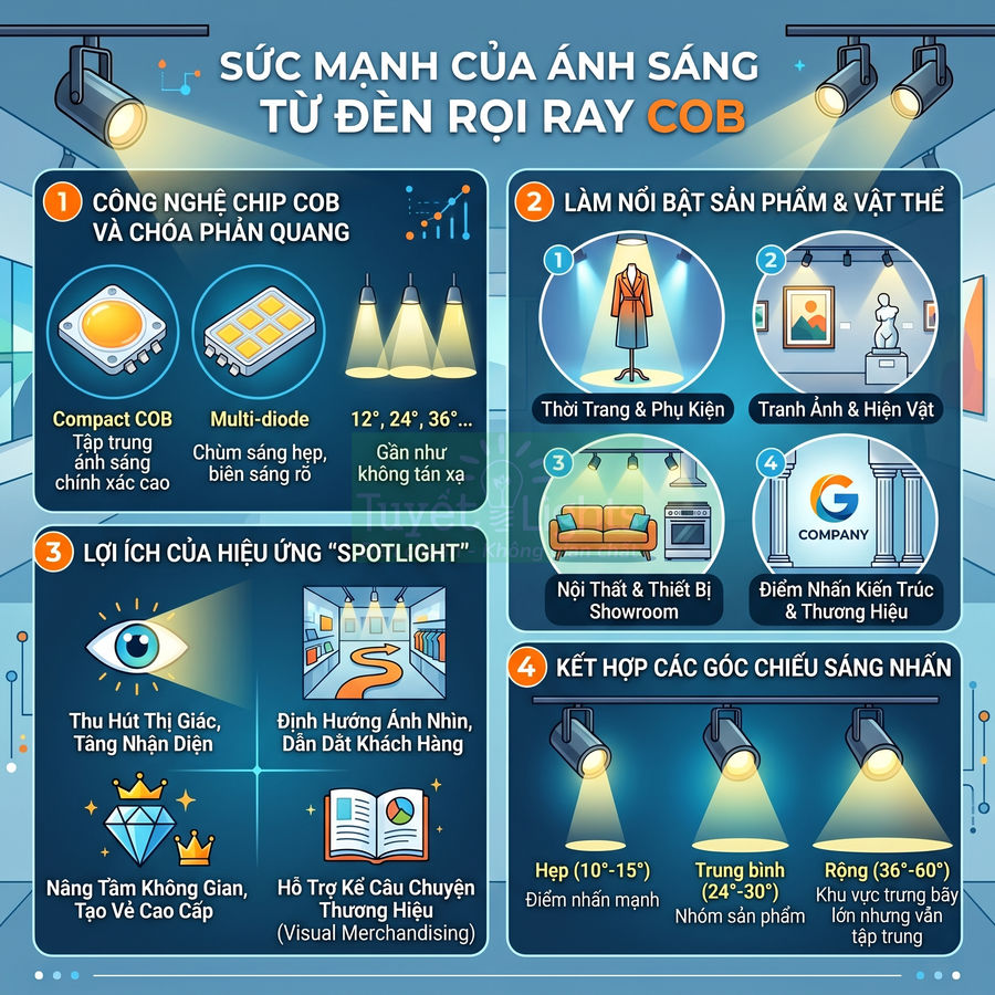 Infographic giới thiệu sức mạnh ánh sáng từ đèn rọi ray COB cho trưng bày sản phẩm và không gian nội thất