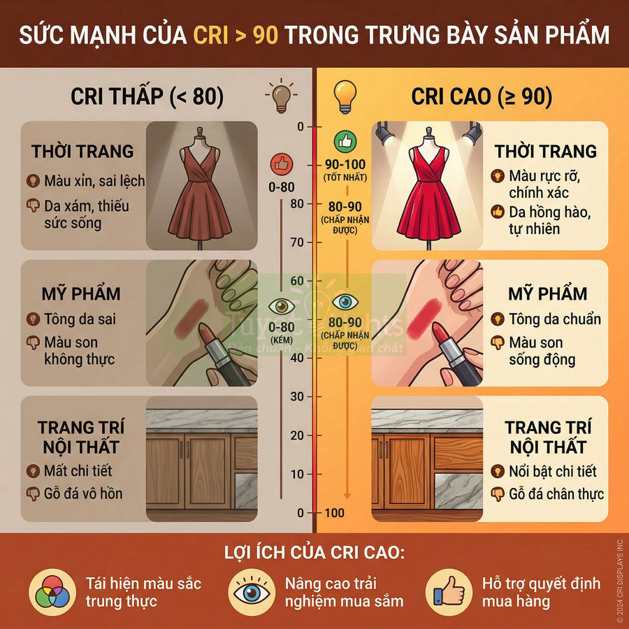 Infographic so sánh CRI thấp và CRI cao trong trưng bày thời trang, mỹ phẩm và nội thất