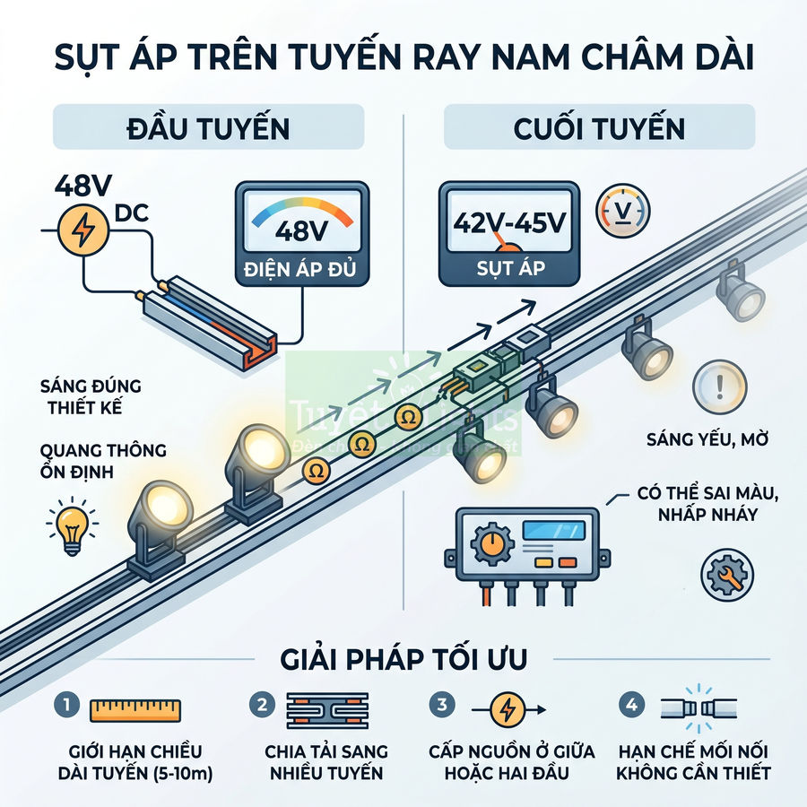 Minh họa sụt áp trên tuyến ray nam châm dài và giải pháp tối ưu cho hệ thống đèn ray LED