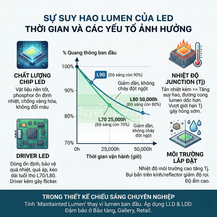 Infographic suy hao lumen của đèn LED theo thời gian và các yếu tố ảnh hưởng như chip LED, driver, nhiệt độ, môi trường