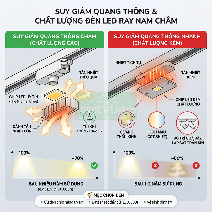 So sánh đèn LED ray nam châm chất lượng cao và kém về khả năng tản nhiệt, suy giảm quang thông và độ bền