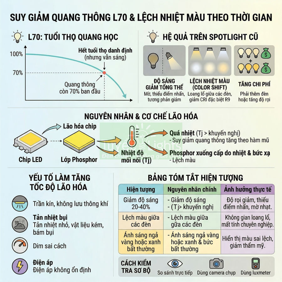 Infographic giải thích suy giảm quang thông L70, lệch nhiệt màu và lão hóa chip LED, lớp phosphor theo thời gian