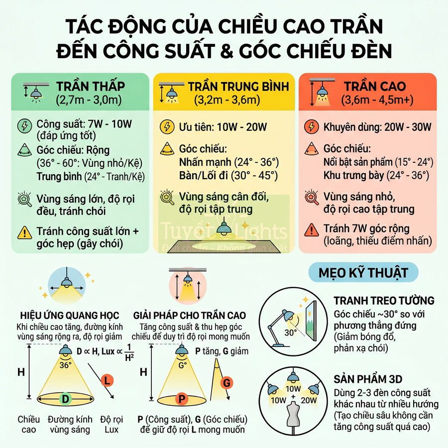 Infographic hướng dẫn chọn công suất và góc chiếu đèn LED theo chiều cao trần nhà và mẹo lắp đặt chiếu sáng