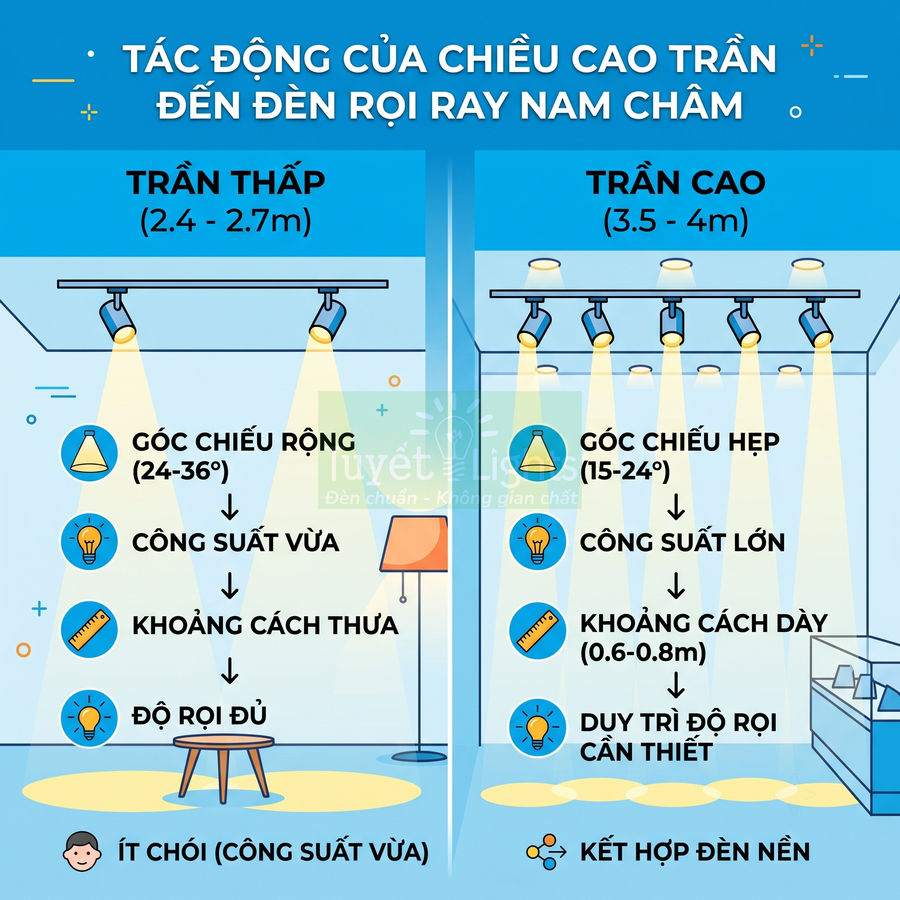 So sánh đèn rọi ray nam châm cho trần thấp và trần cao với góc chiếu, công suất và khoảng cách lắp đặt