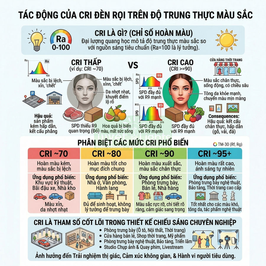 Infographic giải thích tác động của chỉ số hoàn màu CRI của đèn chiếu sáng lên độ trung thực màu sắc