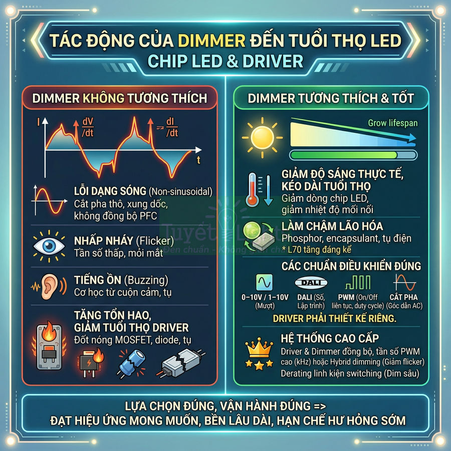 Infographic tác động của dimmer đến tuổi thọ đèn LED, so sánh dimmer không tương thích và dimmer tương thích