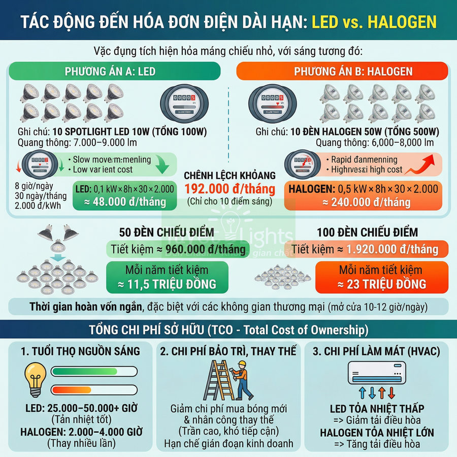 So sánh chi phí điện và hiệu quả chiếu sáng giữa đèn LED và đèn halogen trong sử dụng dài hạn