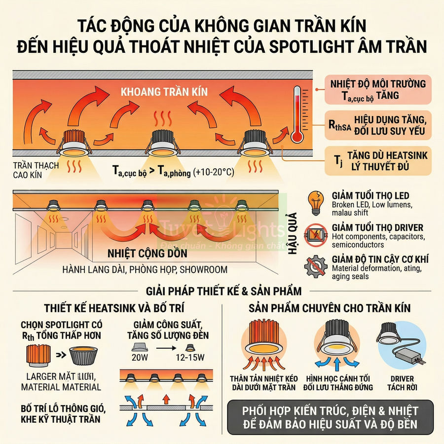 Infographic mô tả tác động của trần kín đến tản nhiệt và tuổi thọ đèn LED spotlight âm trần