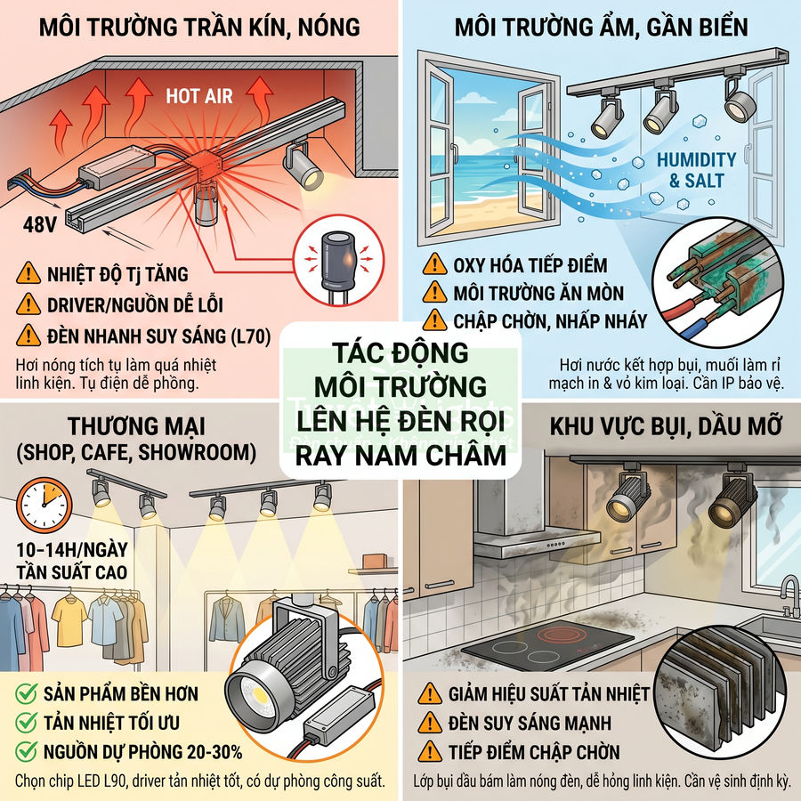 Minh họa tác động môi trường nóng ẩm bụi dầu mỡ lên hệ đèn rọi ray nam châm trong nhà và thương mại